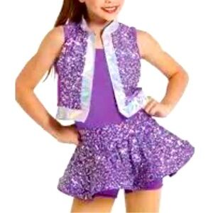 Weissman Girl’s Purple Sequin Leotard Skirt & Vest Dance Costume Size LC